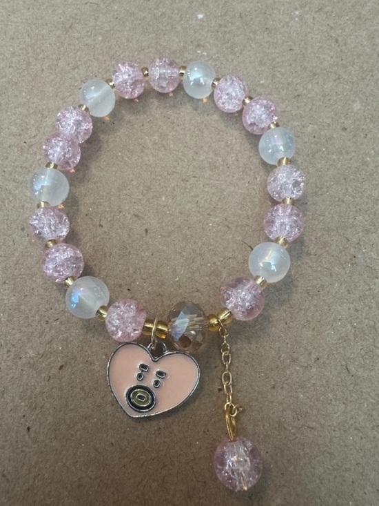 Jewelry - Pink Beaded Heart Charm Stretch Bracelet - Unbranded